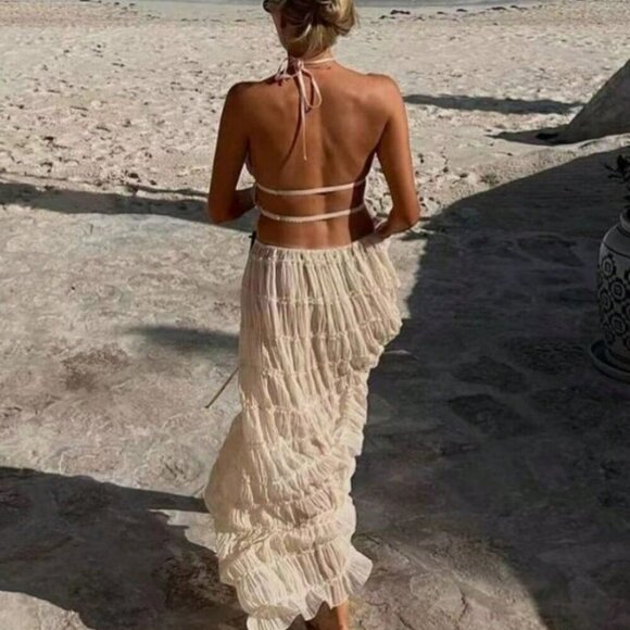 Beige Boho Women's Sexy Backless pleated Transparent Halter Neck top & skirt set - Picture 2 of 8